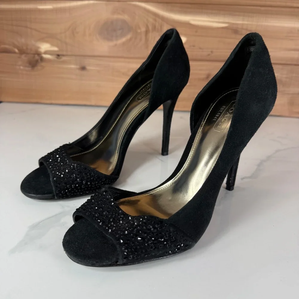 Coach Black Suede Rhinestone Peep Toe Pumps d'Orsay Stiletto Heels‎ Womens 6B